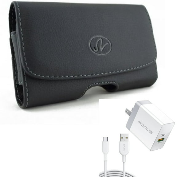 Fast Type-C 36W PD Home Charger w Leather Case Belt Clip for Samsung Galaxy A53 5G,A33 5G Phones - 6ft Long Cable USB-C Power Cord QC3.0 Adapter, Swivel Holster Loops Cover
