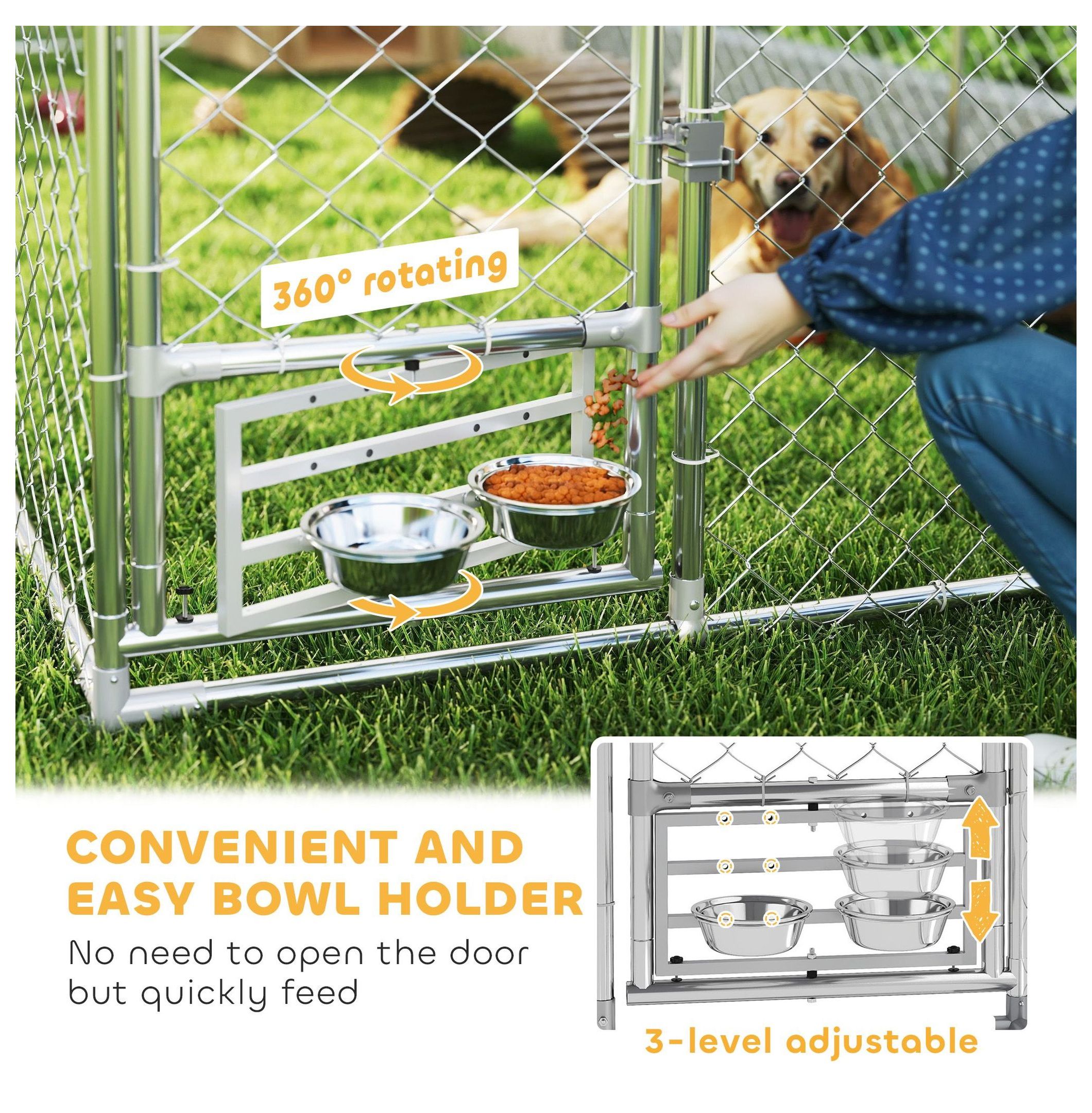 Outdoor Dog Kennel Large, 19.7' x 7.5' x 5.2' Dog Run with Roof, Adjustable Bowl Rack, Waterproof Cover & Secure Lock