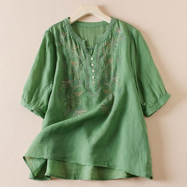 ICHUANYI Clearance Womens Printing Casual Loose Fashion T-Shirt Button Tops Cotton And Linen Blouse(Green, XXL) ICHUANYI WER2023080806471