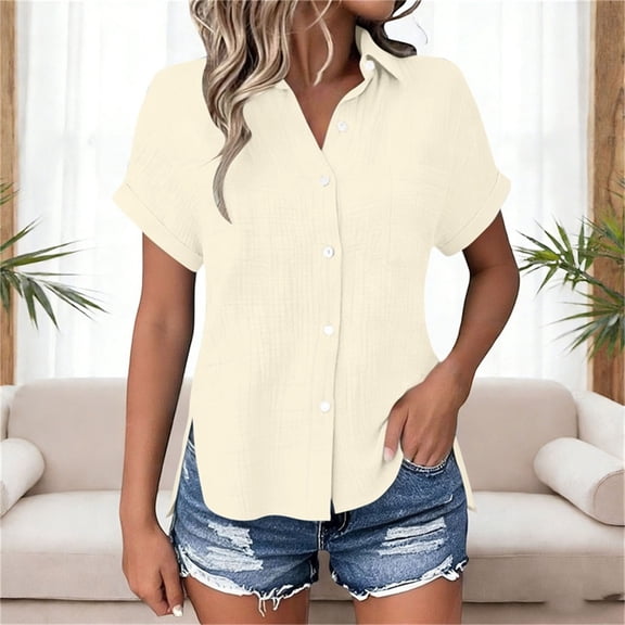 KIHOUT Women's Crinkle Gauze Button-Down Shirt Short Sleeve Rolled Cuff Split Hem Casual Cotton Blouse