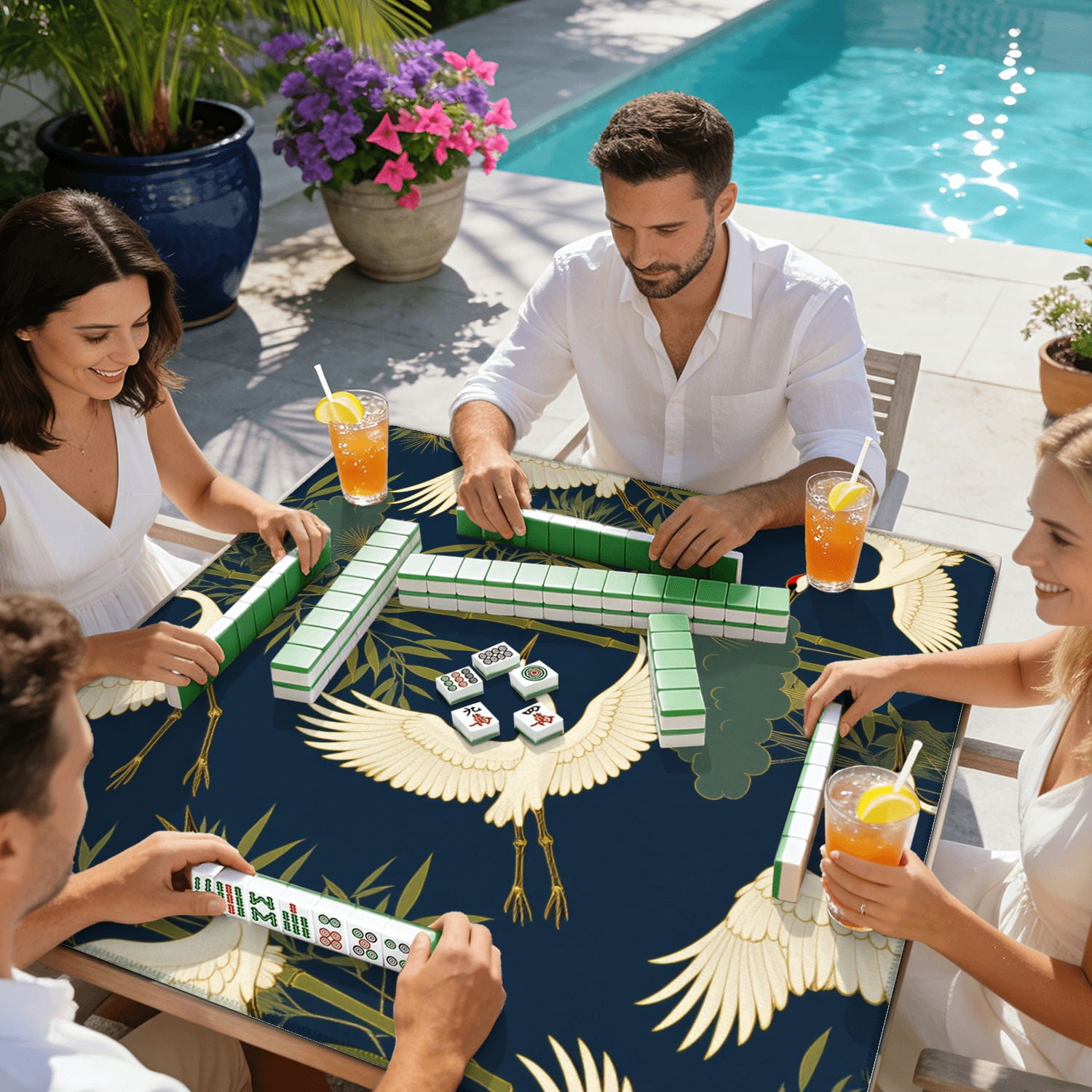 Mahjong Mat 31.5" x 31.5" Cranes Bamboo Forest Elegant Japanese Style Non-Slip Noise Reduction American Mahjong Tiles Table Cover for Dominoes Poker Card Board Games Gift