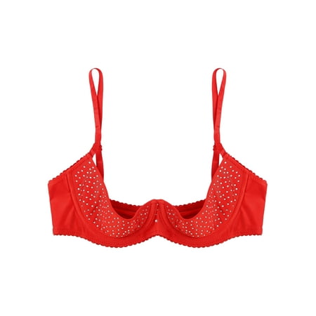 iiniim Women s Sparkly Rhinestone Underwire Shelf Bra Push Up Half Cup Balconette Lingerie Red M