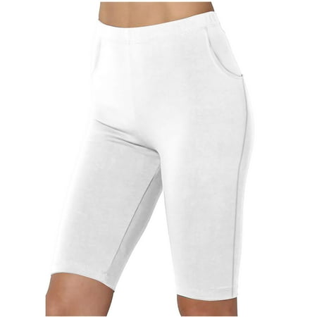 UTSJKR Elastic Waist Yoga Shorts with Pockets for Women Tummy Control Stretchy Yoga Pants Biker Long Shorts Workout Sports High Waisted Shorts Solid Stretch Light Leggings White S