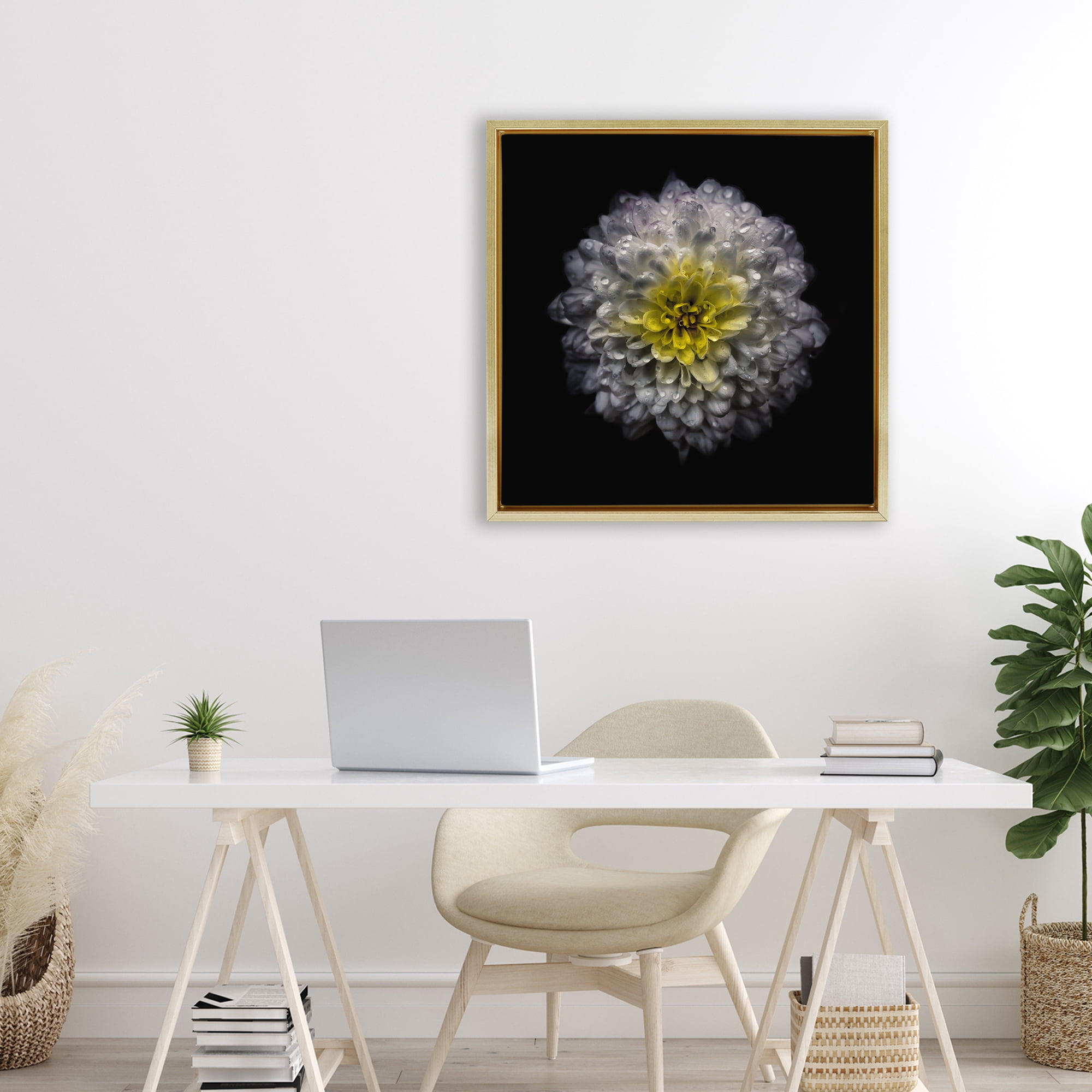 White And Yellow Mum Gold Framed Floater Canvas Wall Art, design by Brian Carson Photography