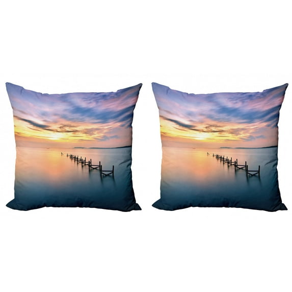 Ambesonne Nature Throw Pillow Cover 2 Pack, Sunset Abandoned Jetty, 18", Marigold Petrol Blue