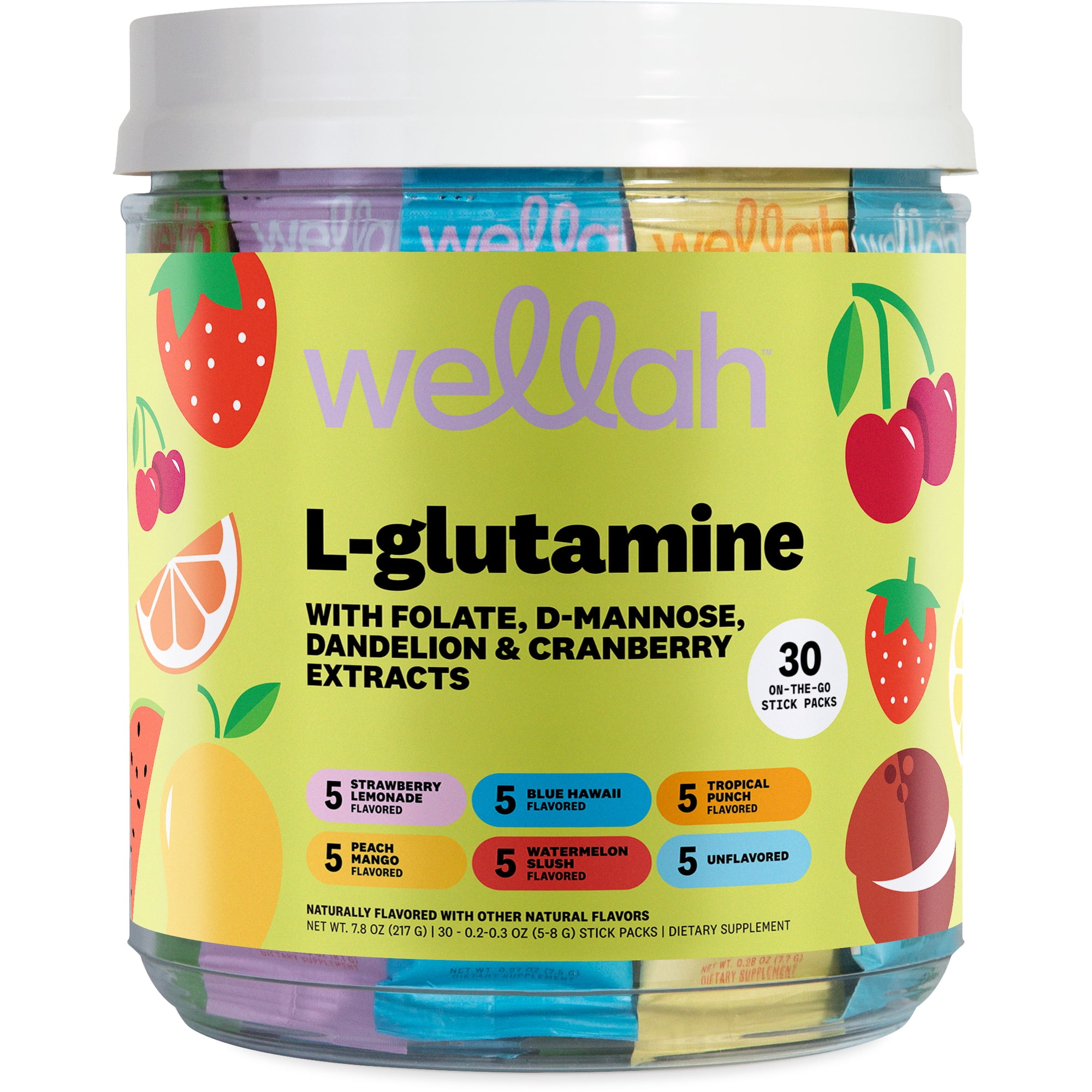 Wellah L-Glutamine for Women (Variety Pack) 30 Stick Packs - 5g L-Glutamine Per Serving, 6 Flavors, To-Go Packets
