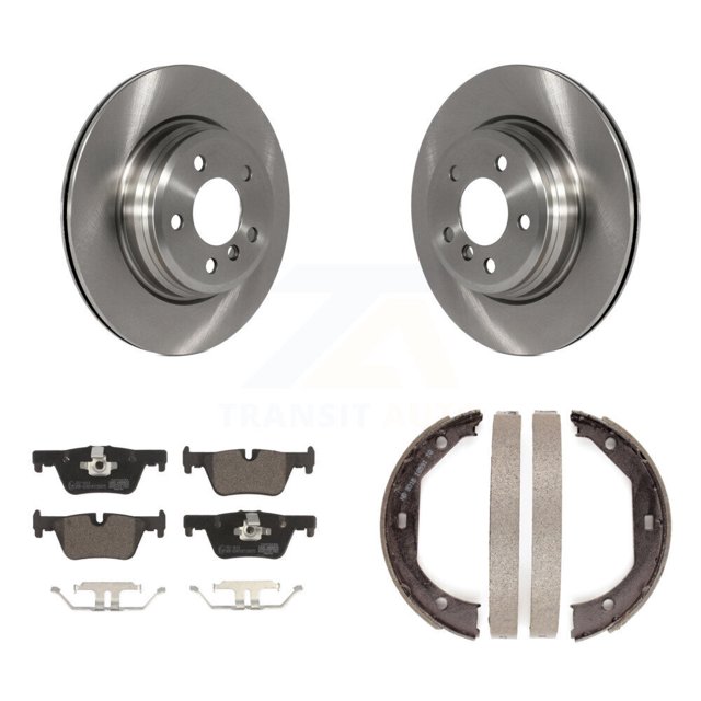 Transit Auto Rear Disc Rotors Ceramic Pads and Parking Brake Shoes Kit for Car 2015 BMW 328i xDrive Without Blue Painted Calipers with M Sport Package K8T-105479