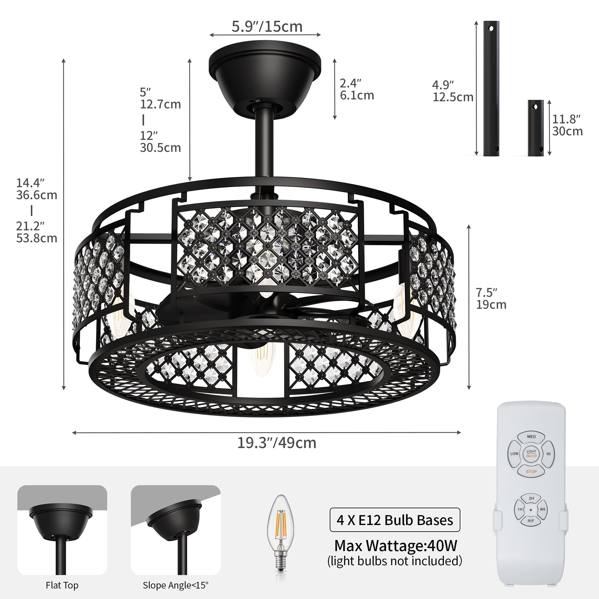 Dextrus Industrial Ceiling Fan with Remote, 3 Speed and 3 ABS Blades Indoor Crystal Chandelier Fan for Living Room Bedroom Study Dining Room, Matte Black