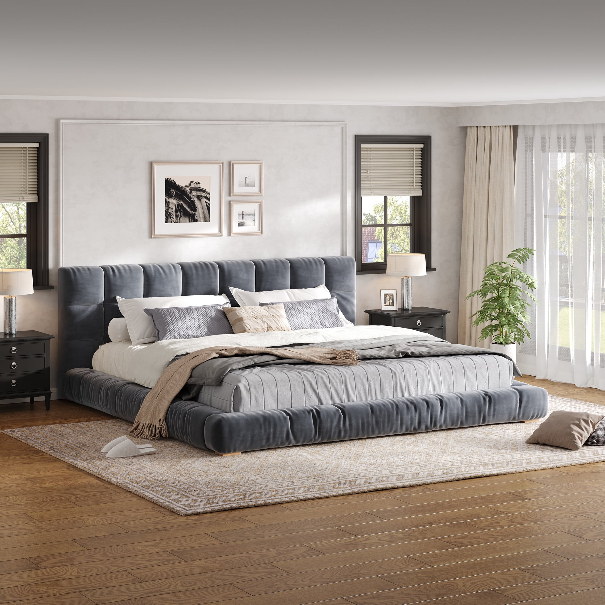 Euroco Velvet Upholstery King Size Platform Bed with Channel Tufted Headboard, Gray