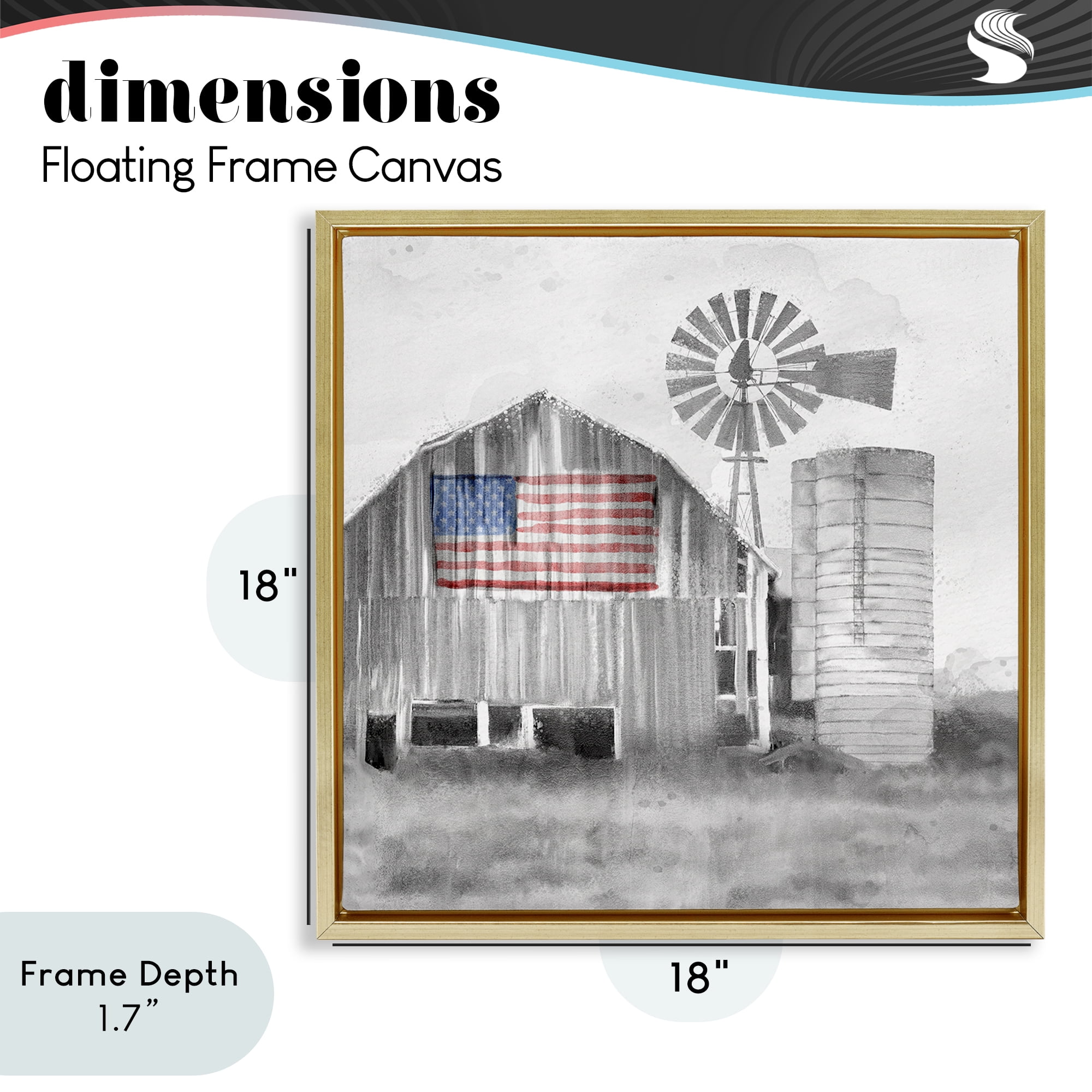 Stupell Industries Grandfather's Barn with Flag Gold Framed Floater Canvas Wall Art, design by Kim Allen