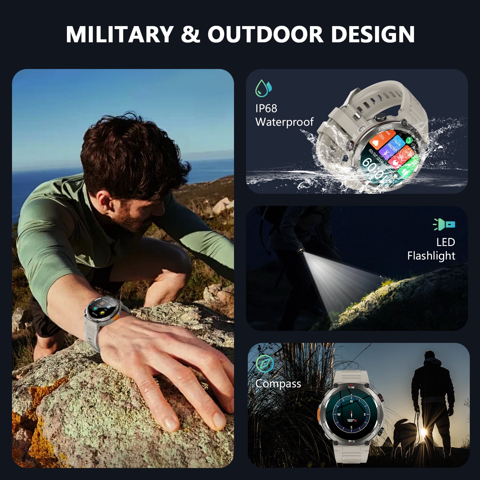 Blackview Military Smart Watch for Men, 1.45" HD Display Bluetooth Calling Smartwatch with Flashlight, Compass, 960mAh Battery, 100+ Sports Modes, Rugged Fitness Watch for Android iPhone, Khaki