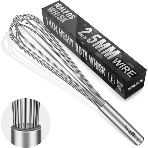 Walfos Whisk,14in Large Whisks, Heavy Duty Stainless Steel Wire Whisk for Blending, Whisking, Beating Suitable for stirring and mixing containers such as deep pots or big bowl at home or store.