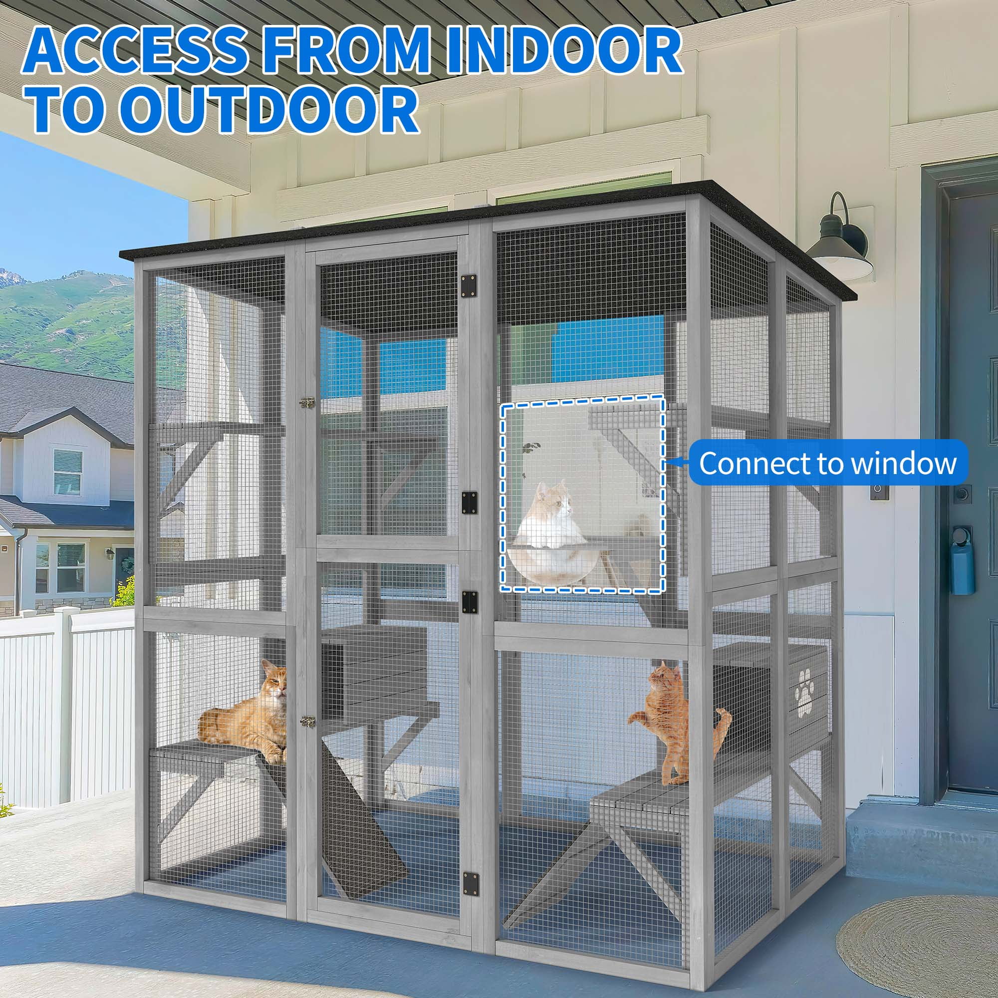 Dextrus 70.9" Outdoor Large Cat Cage, Catio Kitten Cat Enclosure, Wooden Cat House with Asphalt Roof , Cat Cage Playpen with Multiple Platforms & 2 Resting Boxes