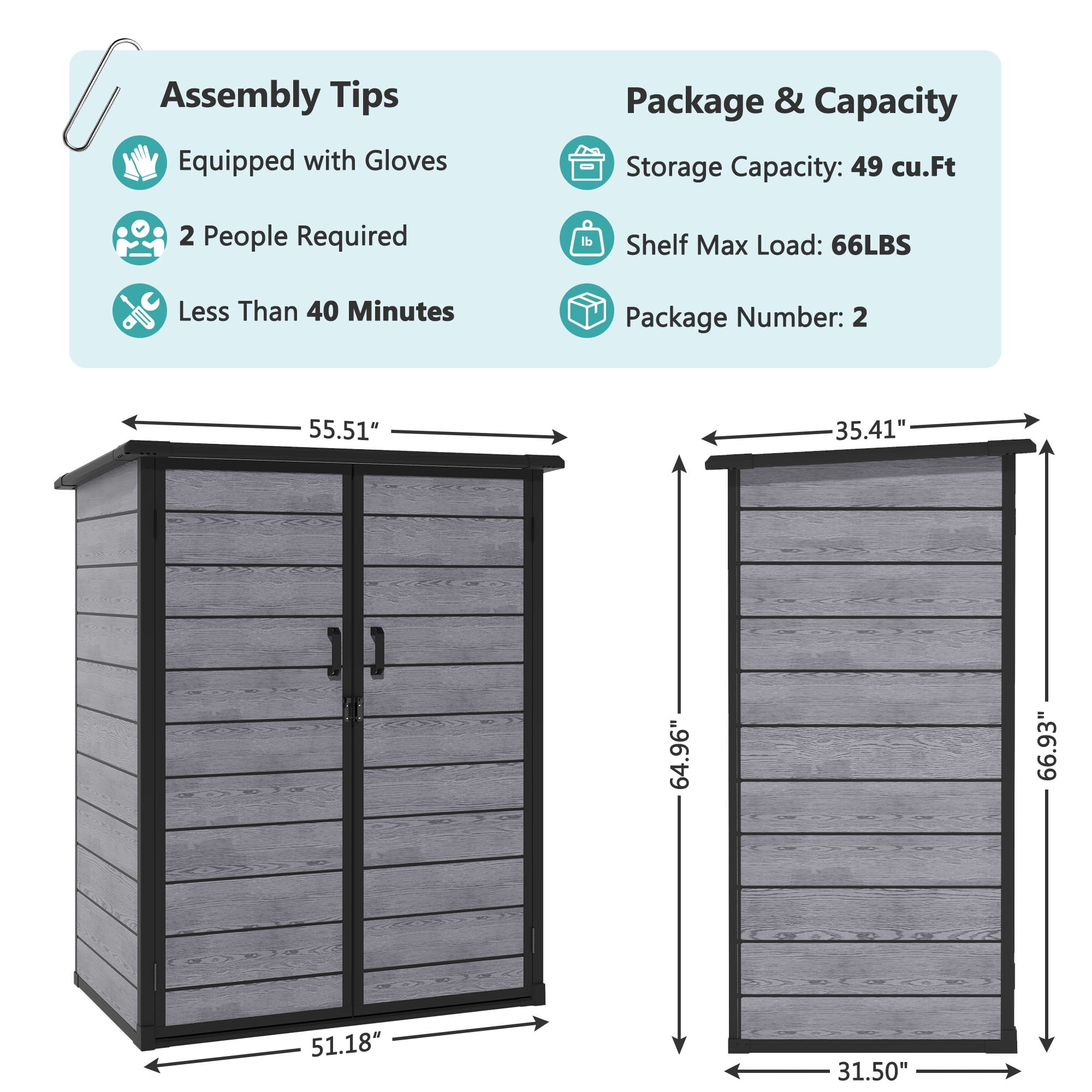4.6x3FT Resin Storage Shed, Outdoor Lockable Cabinet with Floor and 2-Tier Shelf, Quick AssemblyDouble-Door Plastic Shed w/Floor & Sloping Top