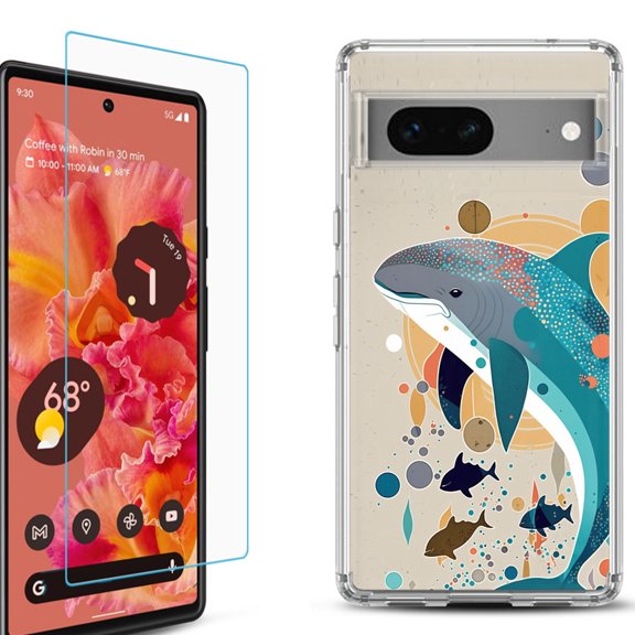 OneToughShield ® for Google Pixel 7a Shockproof Bumper Phone Case, with Tempered Glass Screen Protector - Dolphin Family