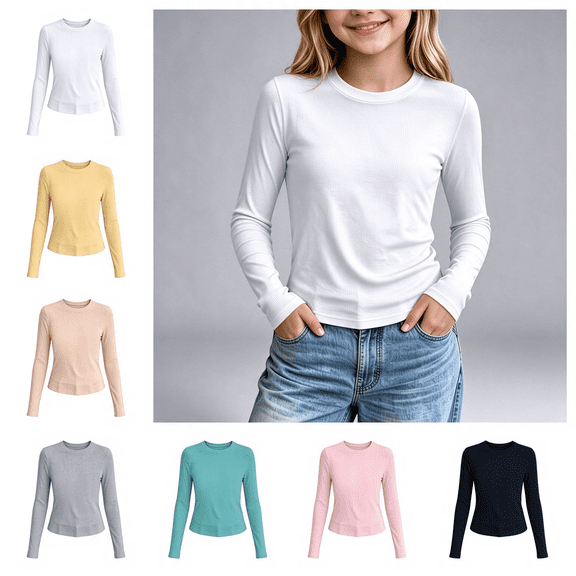 NEBWOAK Girls Ribbed Knit Long Sleeve Tee, Slim Crewneck Solid Color T-Shirt,White Soft Stretch Modal Cotton Base Layer Top,Size 1-10
