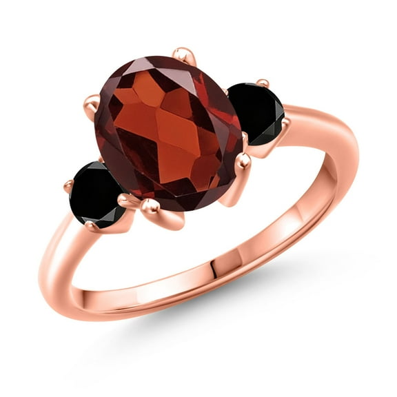 Gem Stone King 3.34 Ct Oval Red Garnet Black Diamond 18K Rose Gold Plated Silver Ring