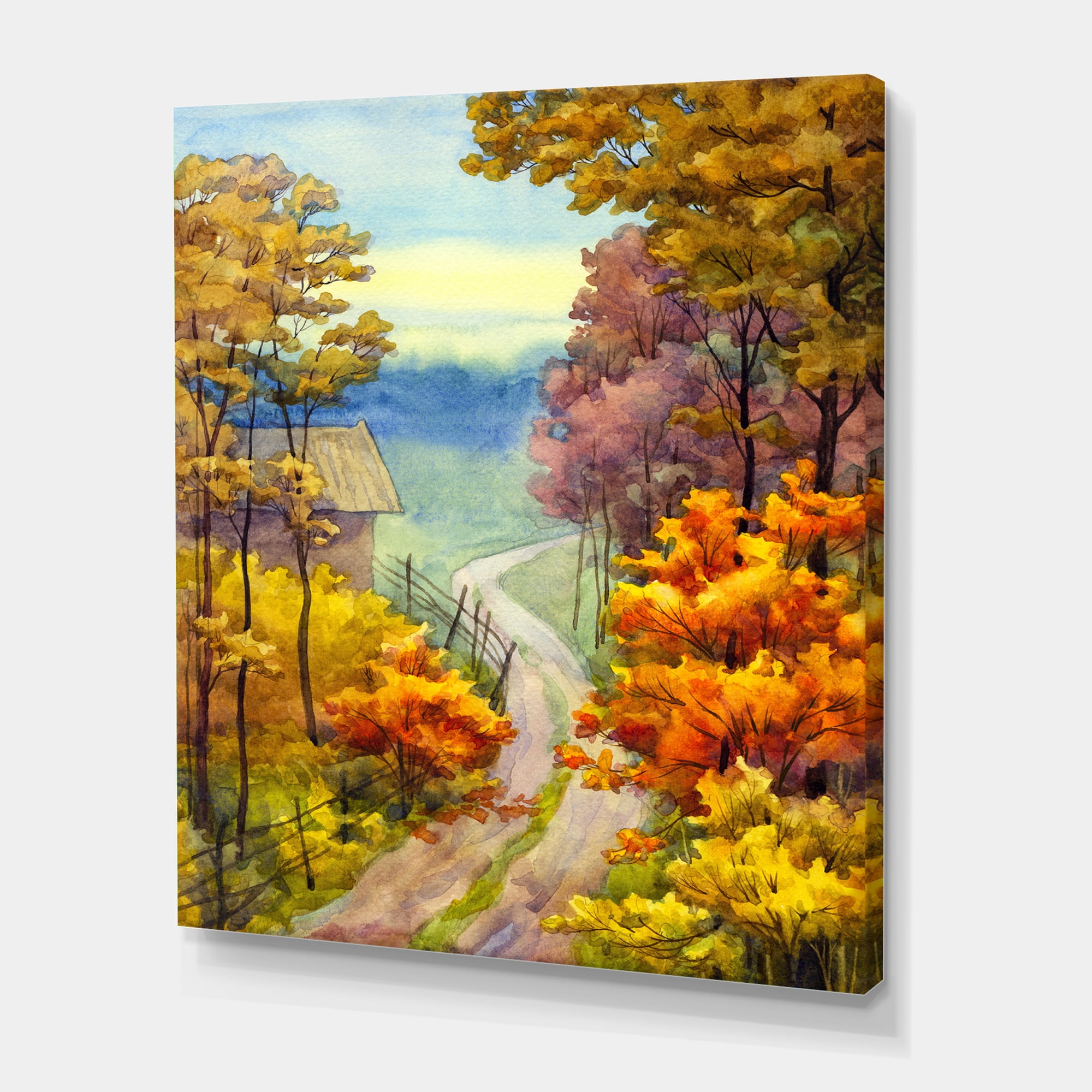 Designart ' Little Road Through VIbrant Autumn Scene ' Lake House Canvas Wall Art Print