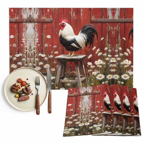 Vintage Farmhouse Placemats Set of 8, Rooster Red Barn Daisies Table Mats Washable Heat-Resistant Non-Slip Place Mats for Kitchen Dinner Table Indoor Outdoor Decor,13x19 Inch Red
