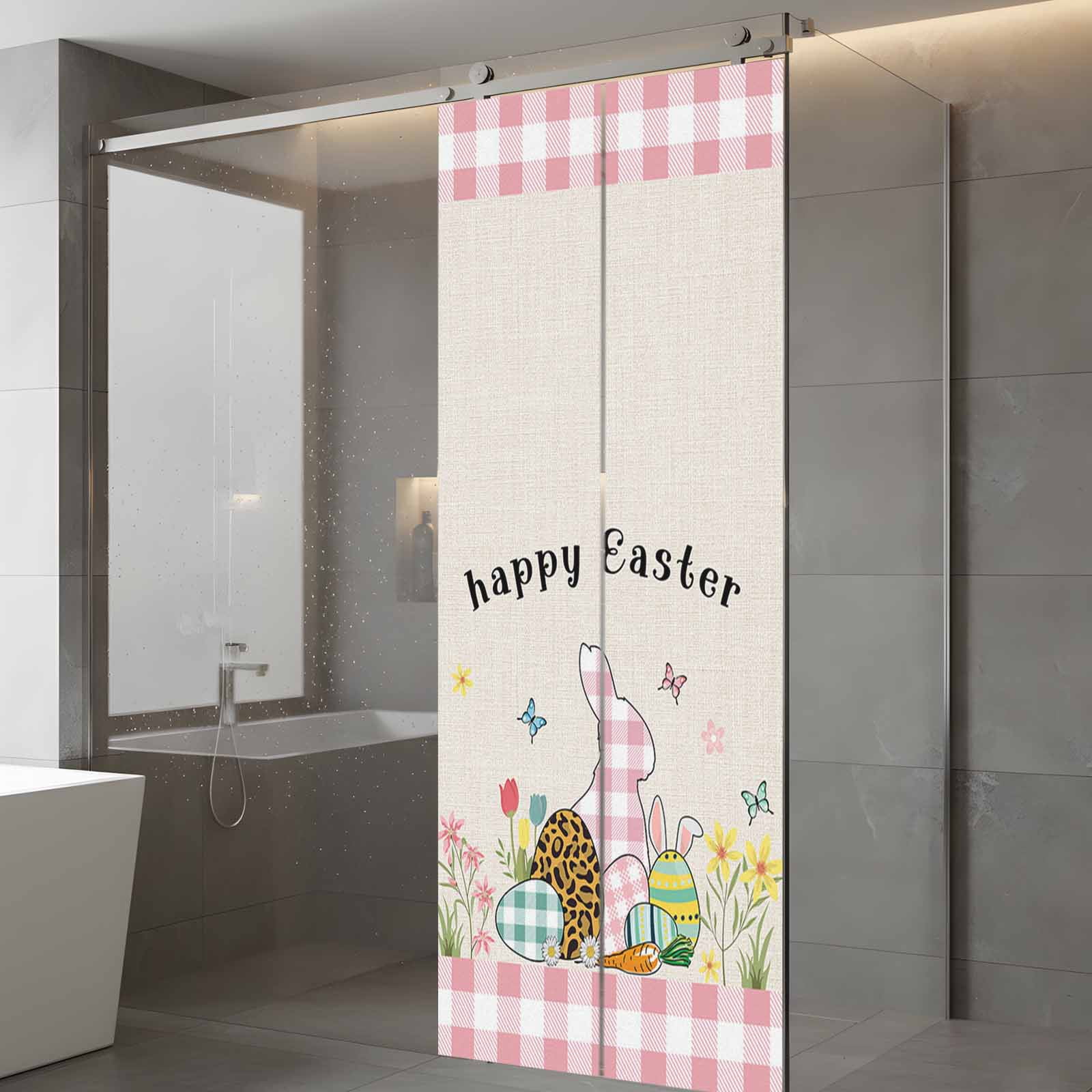 Easter Eggs Window Privacy Film, Rabbits Pink Buffalo Plaid Retro Texture Frosted Glass Window Clings Static Cling UV Heat Blocking Reusable Door Sticker for Bathroom 23.6 x 59 Inch