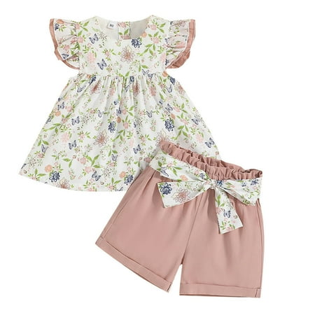 

Children Outfits Summer Halloween Round Neck Sleeveless Flower Prints Shorts Belt 3Pcs Sets for Kids