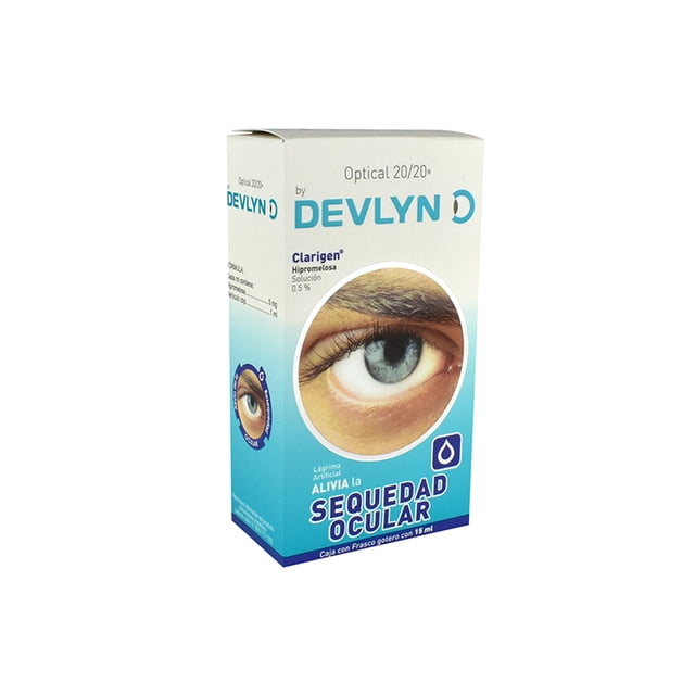 gotas optical by devlyn sequeda OPTICAL gotas para los ojos para sequedad ocular, caja frontal azul degradado con logo DEVLYN, ojo en primer plano dentro de un círculo, texto 'SEQUEDAD OCULAR' y símbolo de gota visible.