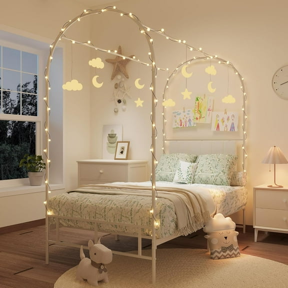 Twin Canopy Bed Frame with Upholstered Headboard, Arched Metal Design, Under-Bed Storage, Decorative Platform Bed, No Box Spring Needed, White