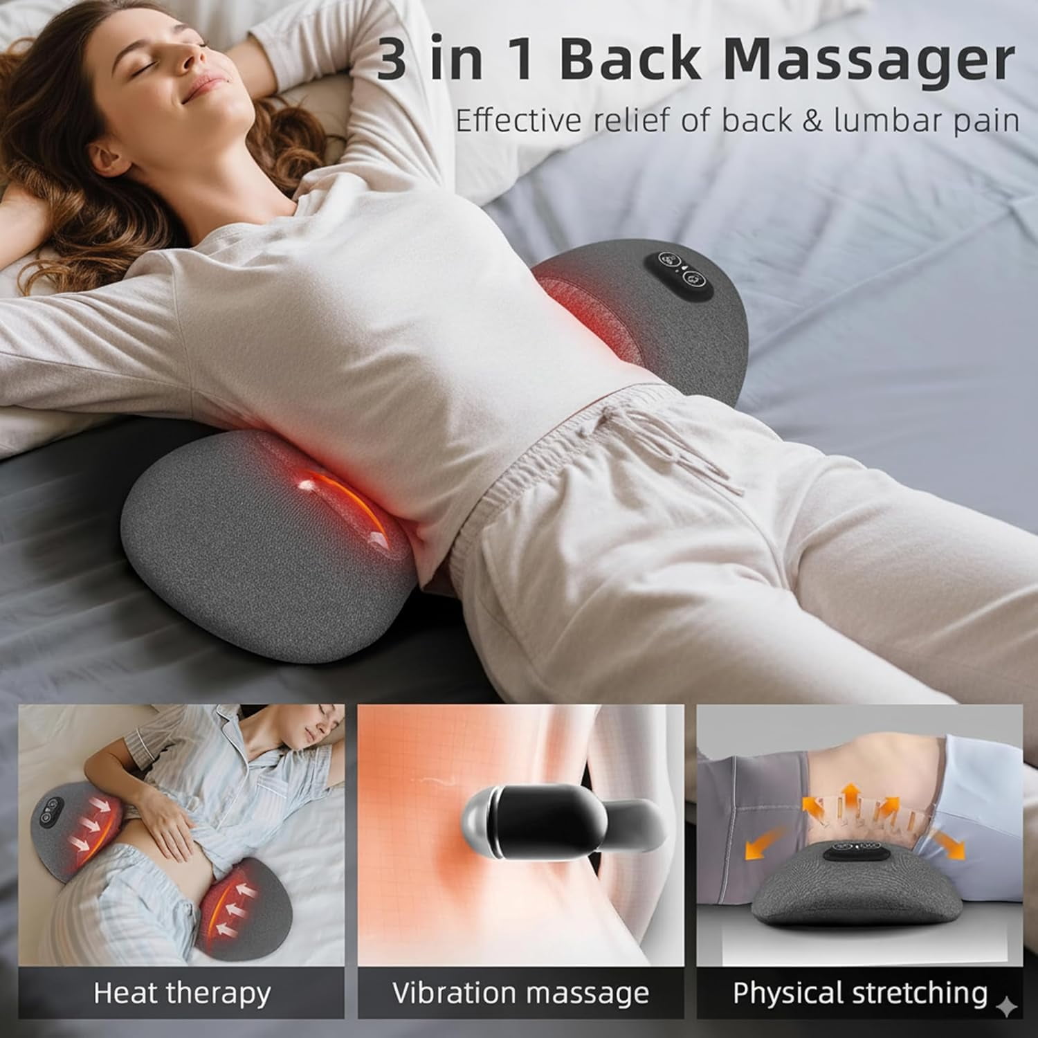 3-in-1 Electric Back Massager Pillow, Ergonomic Wedge Cushion with Adjustable Lumbar Support and Heat for USB Powered Back Bed Comfort and Support Pad Chair