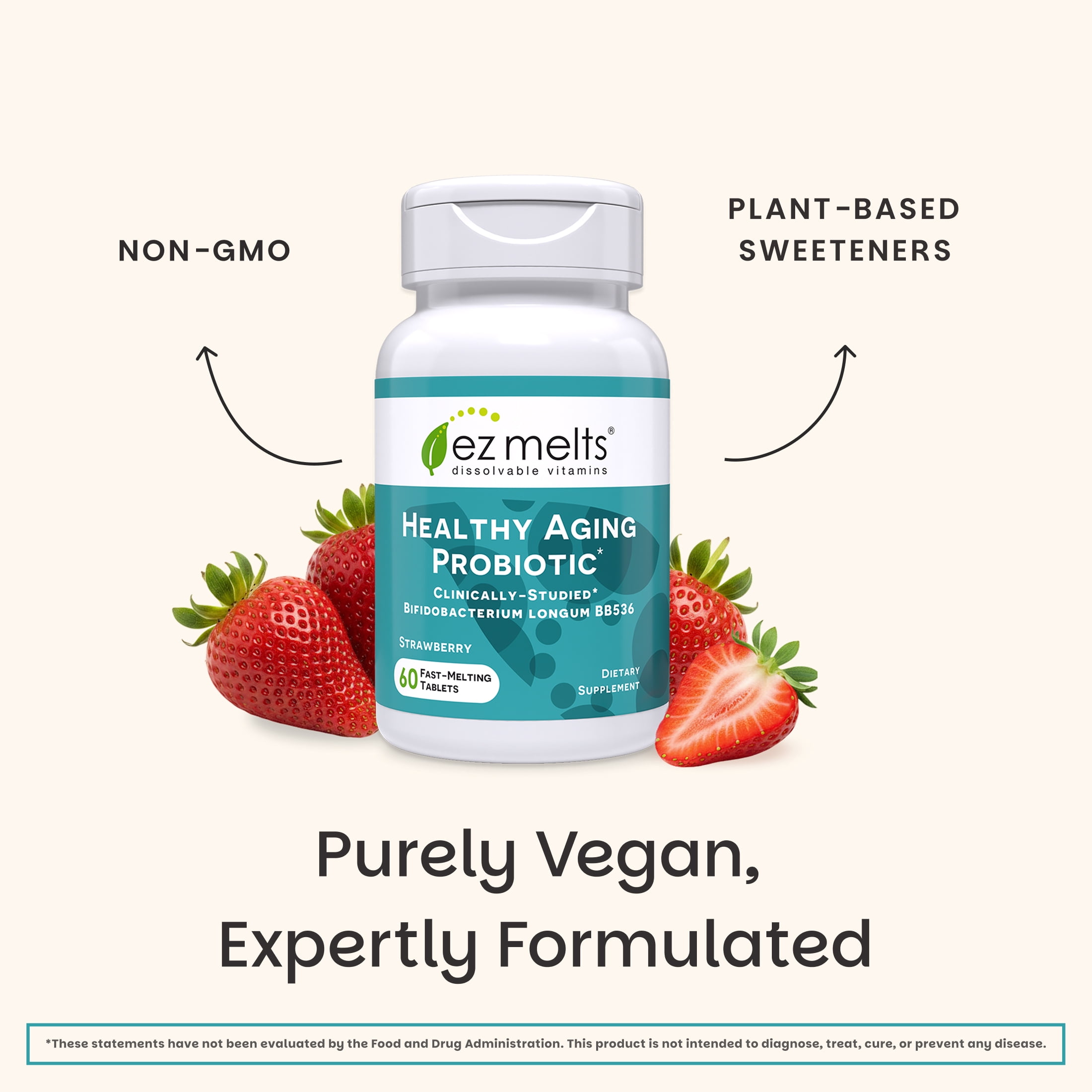 EZ Melts Healthy Aging Probiotic - Daily Probiotic for Digestive & Gut Health Support - with Bifidobacterium Longum - Non-GMO & Vegan - Strawberry - 60 Dissolvable Tablets (60 Servings)