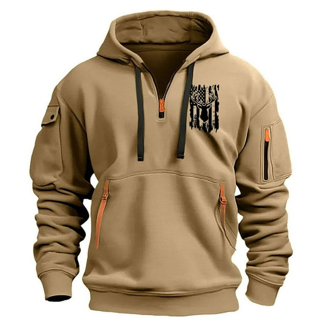 Lovzfmll Chandail à Capuche Imprimé Printemps Automne pour Hommes Zip Multi-Poches, Style Décontracté Kaki, 2TG