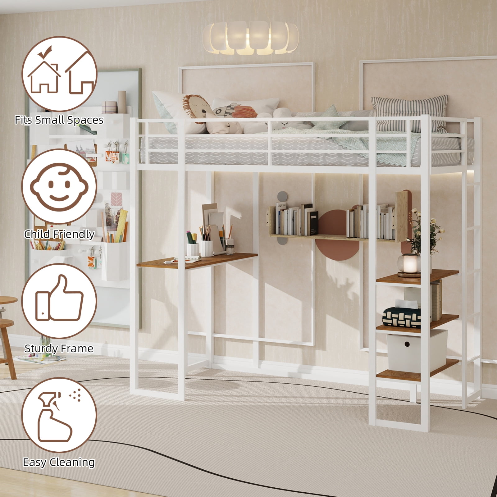 Alvantor Loft Bed Twin Size with Desk, Metal Bed Frame with Open Shelves for Kids/Teens, No Box Spring Needed White