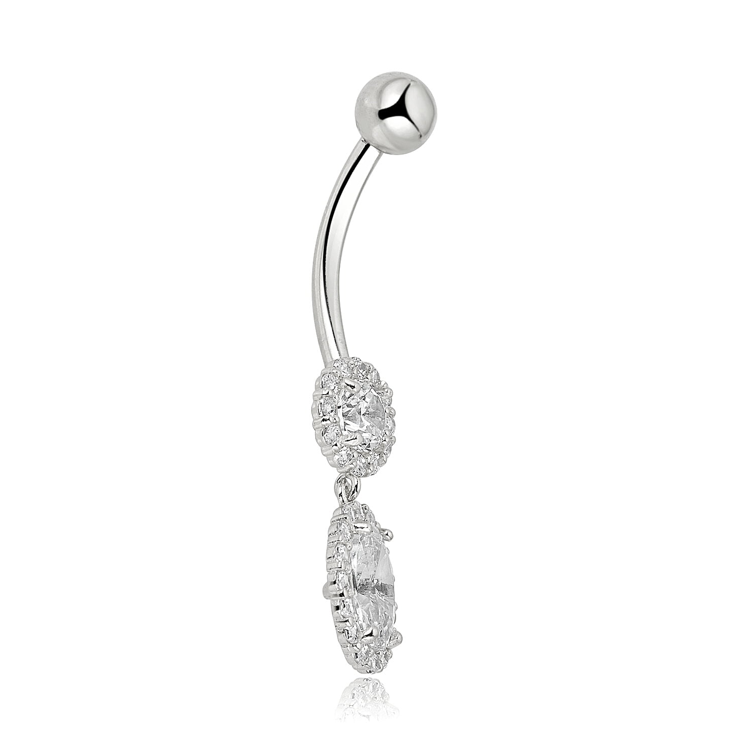 AVORA 10K White Gold Simulated Diamond CZ Oval and Round Dangling Belly Button Ring Body Jewelry (14 Gauge)