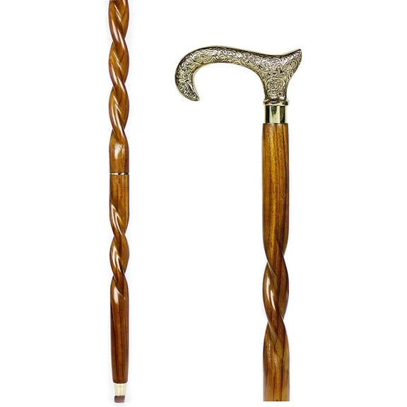 Aluminum & Brass Decorative Rosewood Walking Cane | Full Size Walking-Stick for Men & Women | (Spiral Wood, Brass Coultery)
