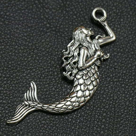 U8MO Large Mermaid Pendant Antiqued Silver Focal Ocean Jewelry 76mm