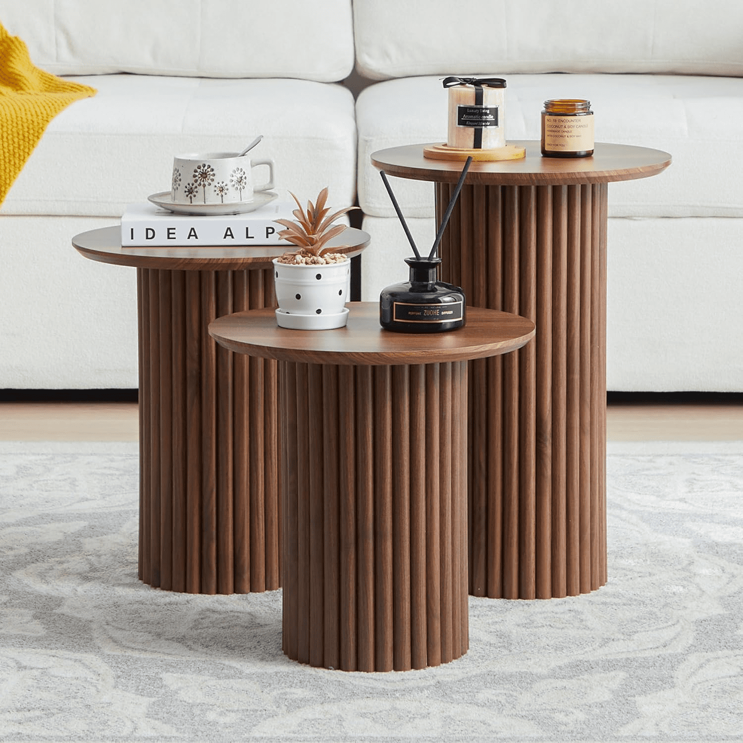 LEFHDA Fluted Round End Tables Set of 3, Mid Century Modern Wooden Coffee Table, Small Bedside Table Accent Cabinet for Living Room, Bedroom, Entryway (Walnut)