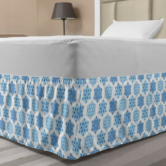 Blue Mandala Bed Skirt, Tribal Ornament Pattern in Chinese Style Far, Elastic Bedskirt Dust Ruffle Wrap Around for Bedding Decor, 4 Sizes, Pale Blue White, by Ambesonne