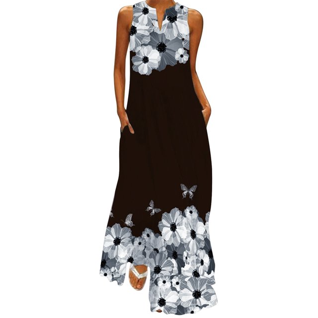 Robes d'Été pour Femmes 2022 Robe Longue d'Été Sans Manches Imprimée Col en V Ample Boho Plage avec Poches