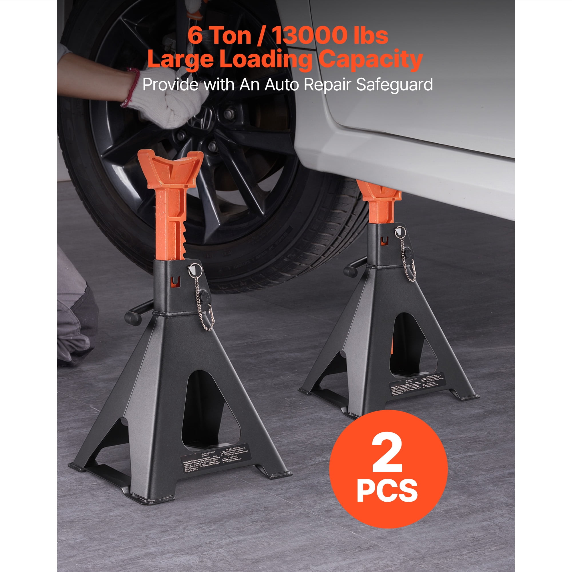 KFFKFF 6 Ton Capacity Jack Stands, Adjustable Height 14.6-22.8 in, Heavy-Duty Steel Construction with Double Locking Mechanism, Suitable for RVs, Trucks, Cars, SUVs, 1 Pair, Black and Orange