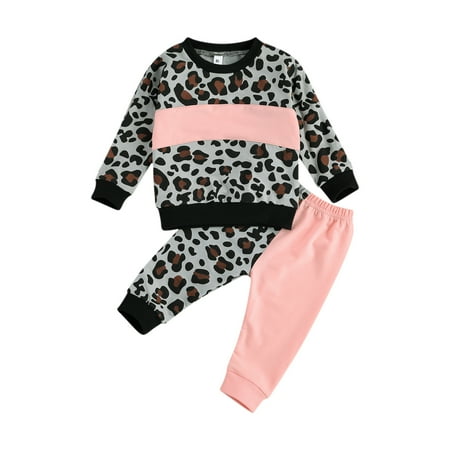 

Girl s Two Piece Set Children s Leopard Printed Color Block Crew Neck Long Sleeve Pullover Pants Set for Infants