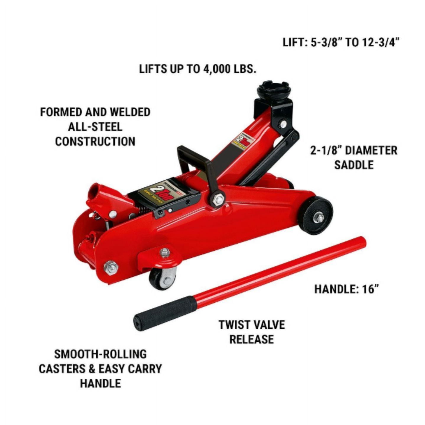 Pittsburgh Low Profile 2 Ton Floor Jack, 4000 lbs Capacity, Heavy Steel, 5-3/8 to 13 Inch Lift, Red
