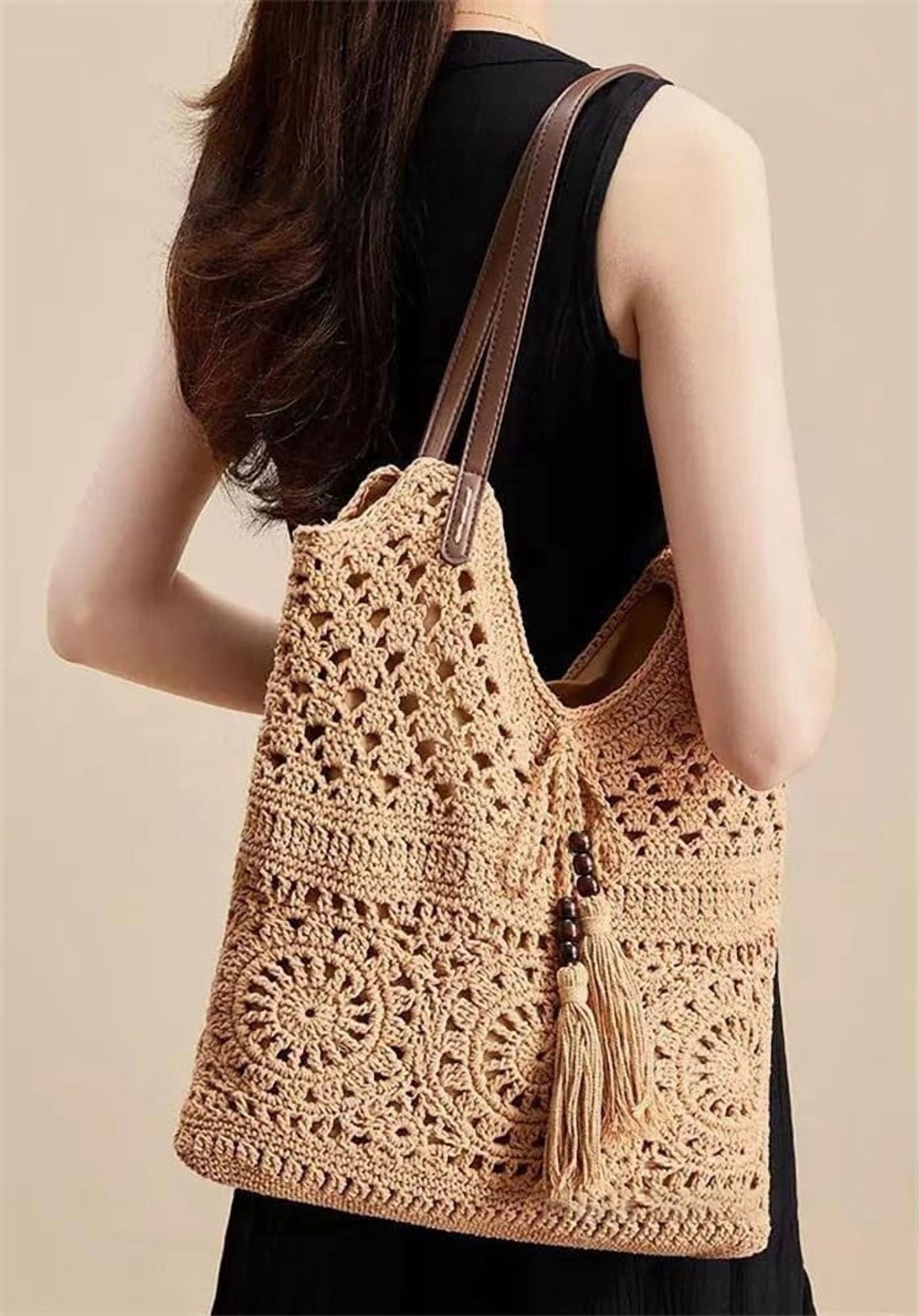 Boho Crochet Summer Handbag Handmade Cotton Rope Knit Shoulder Bags for Women Bohemia Tote for Travel Straw Hobo Bag
