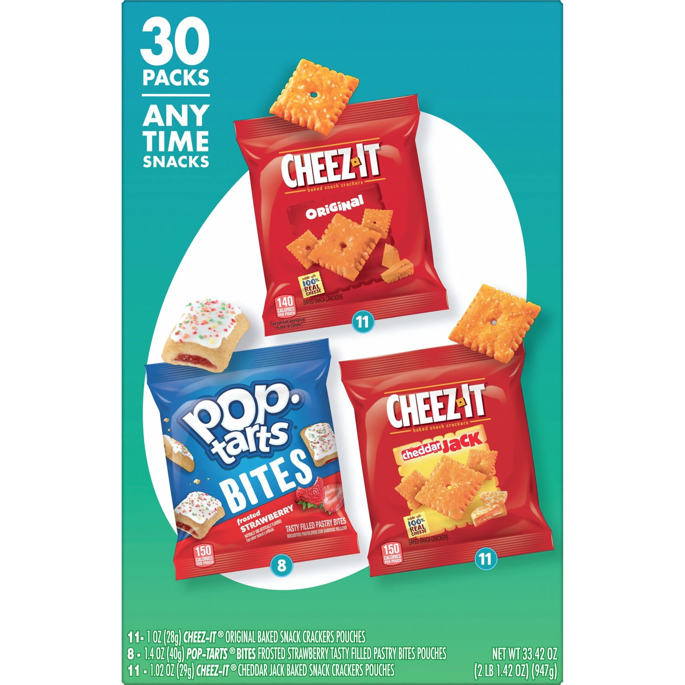 Kellogg's Cheez-It & Pop-Tarts Snacks, Grab 'N Go, Any Time Snacks Variety Pack, 33.42oz Box (30 Count)