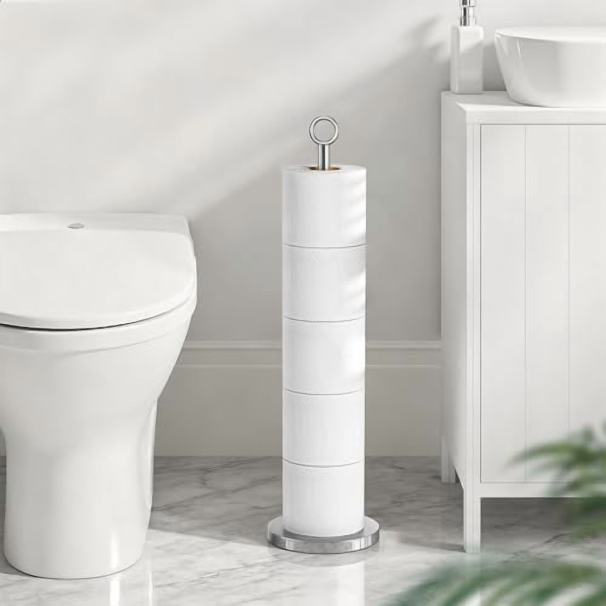 Free-Standing Toilet Paper Holder with Spare Roll Storage, Durable Stainless Steel Bathroom Organizer for Convenient Reserve Function