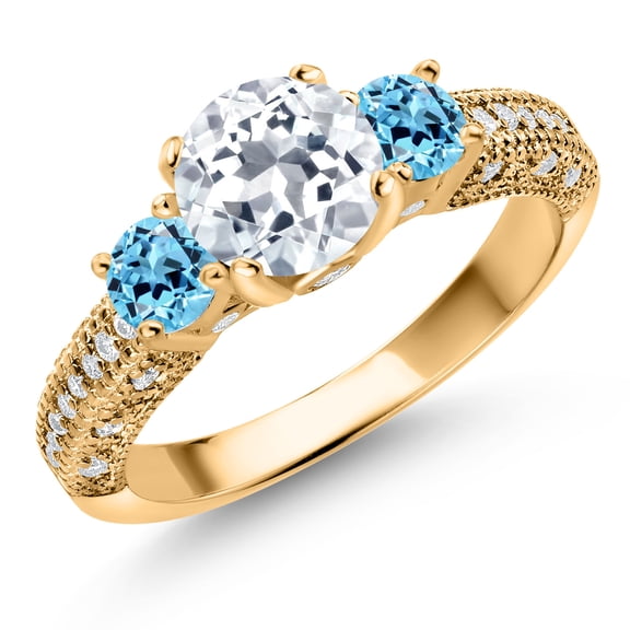 Gem Stone King 18K Yellow Gold Plated Silver White Topaz Swiss Blue Topaz and White Moissanite Engagement Ring for Women (2.44 Cttw, Gemstone November Birthstone, Round 7MM and 4MM, Size 5)