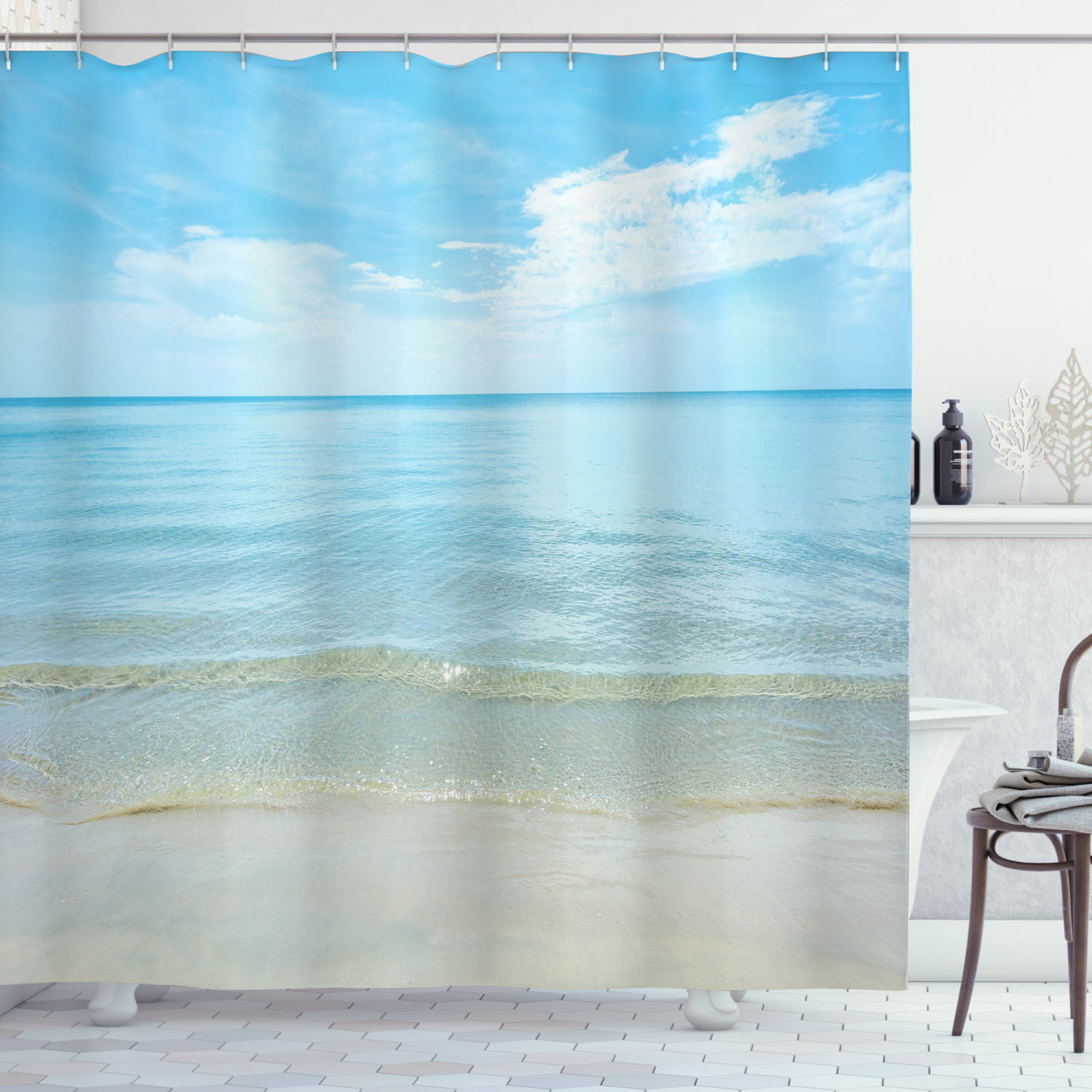 Summer Sandy Beach Scenery Bathroom Waterproof Fabric Shower Curtain 12 Hooks 