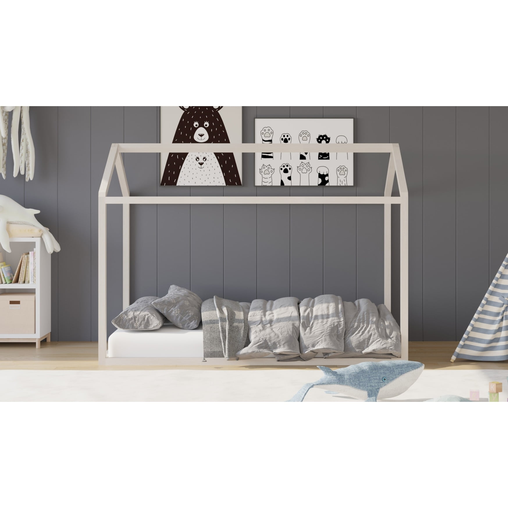 Home Design Perry Twin Solid Wood Canopy Bed Frame with House-Shaped Design and Sturdy Construction, Taupe, Easy Assembly