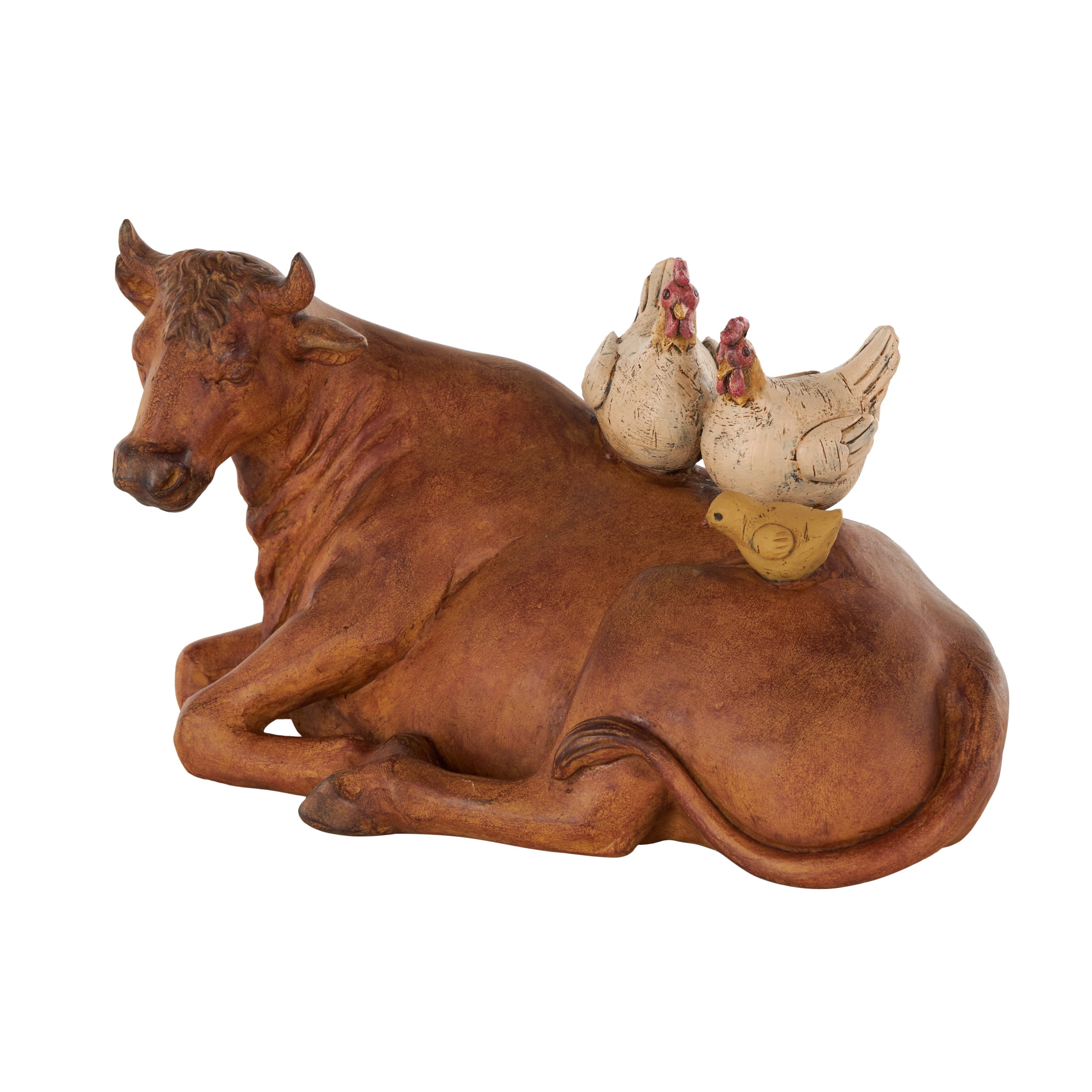 12" x 7" Copper Polystone Cow Sculpture with Sitting Roosters and Chicks, by DecMode
