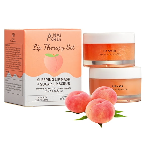 ANAi Rui Lip Mask & Scrub Set , Color Stunning Hydrating Lip Scrub, Natural Peach Flavor Set