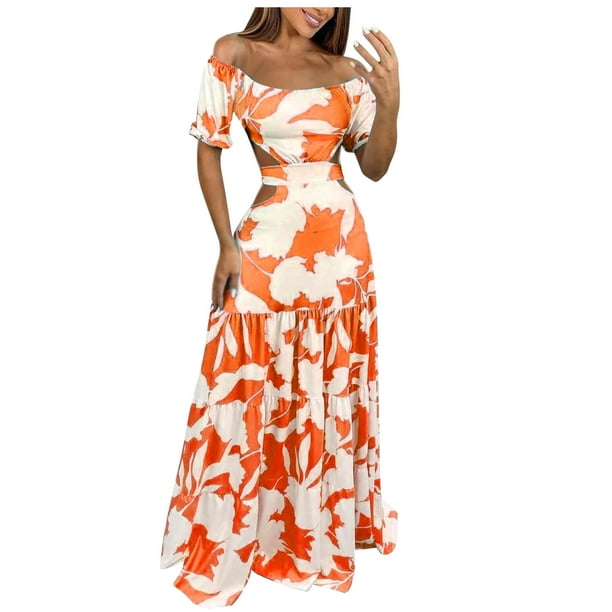 Yuwull Dresses Vestidos Elegantes De Mujer Para Fiesta Fashion Casual  Printed Short Sleeve Off-The-Shoulder Dress Slim Women Dresses Orange  Hawaiian Dresses For Women - Walmart Business Supplies