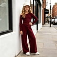 thumbnail image 2 of Hudaneo Teen Girls Asymmetrical Neck Ribbed Top and Wide Leg Pants Fall Winter Set, Red 7-8 Years, 2 of 9